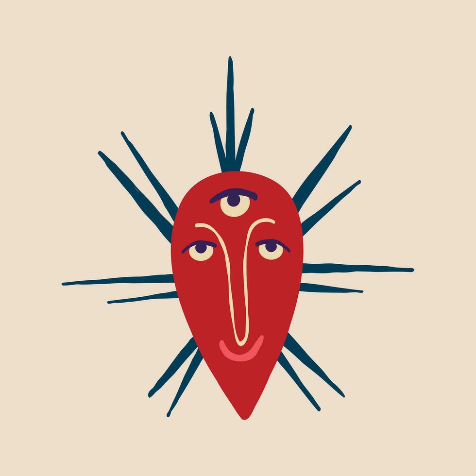 A strange character with three eyes and spikes. A demon mask for Halloween. Illustration in a modern childish hand-drawn style vector