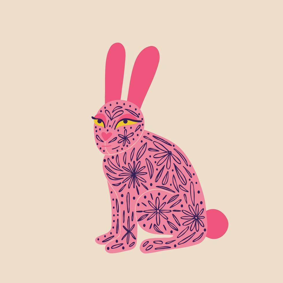 Cute pink rabbit with tattoos Illustration in a modern childish hand-drawn style vector