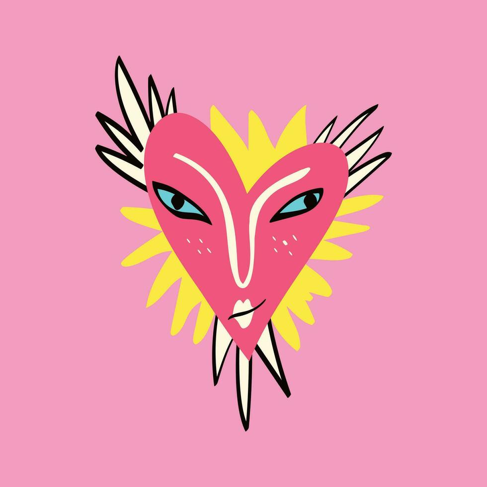 Funny charming heart with a cute face. Freaky quirky heart. Valentines Day Card in modern trendy style vector
