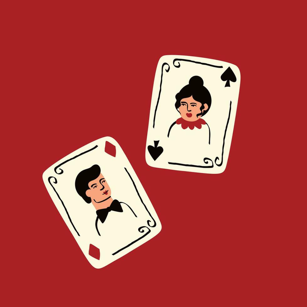 Playing cards with Jack and Queen of Spades. Valentines Day illustration in modern trendy style vector