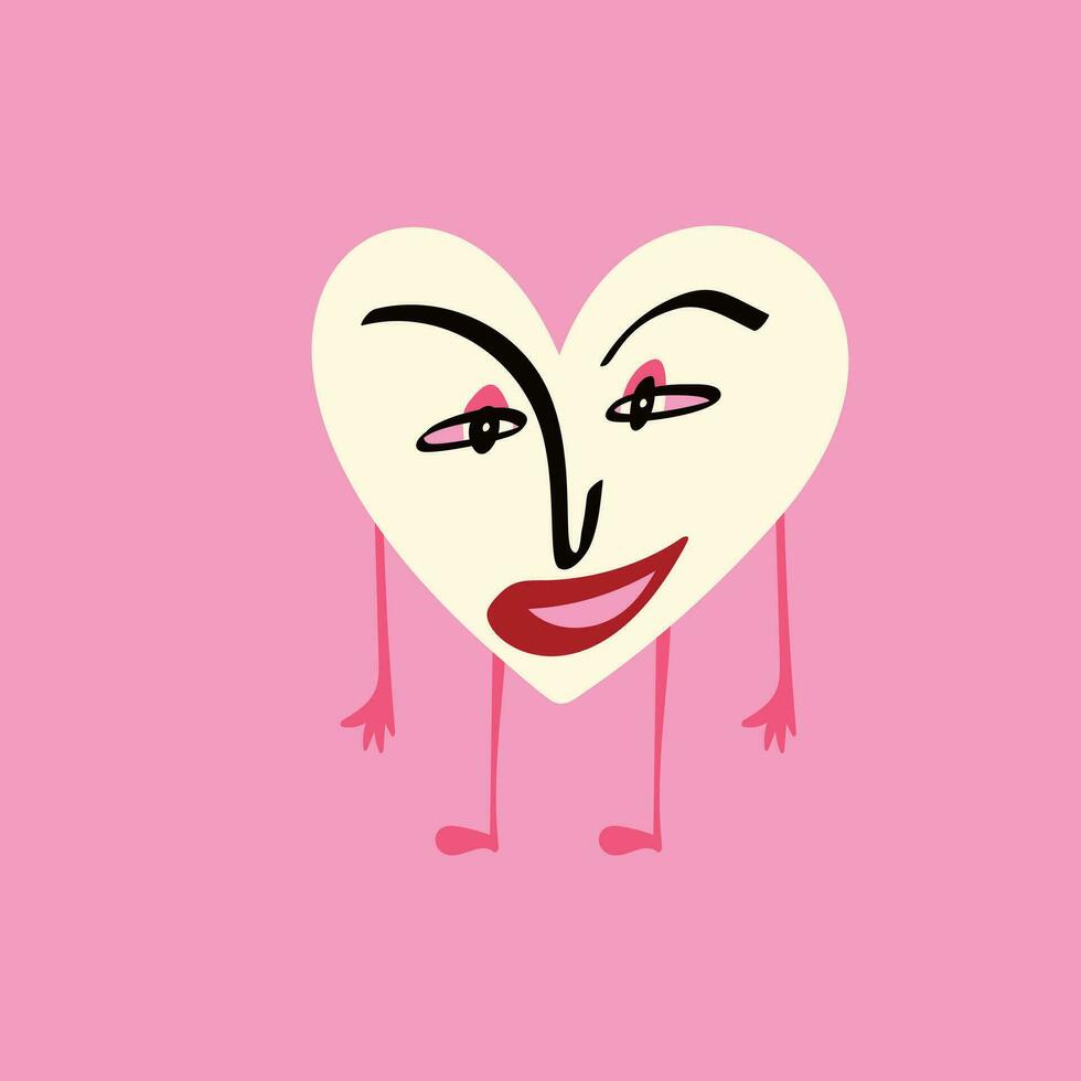A cute quirky strange clockwork heart with face arms and legs. Illustration in modern trendy style vector