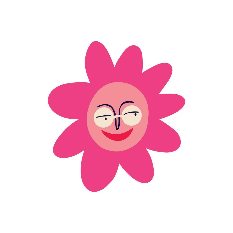 Pink funny funny flower with a cute face and glasses vector