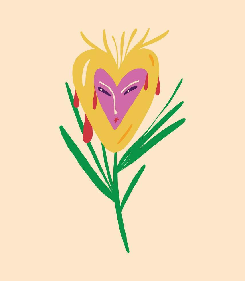 A strange fairy-tale pink flower with an indignant face. Vector illustration