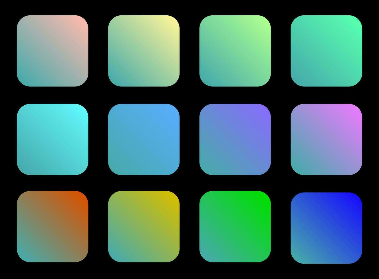 Colorful Teal Color Shade Linear Gradient Palette Swatches Web Kit Rounded Squares Template Set vector