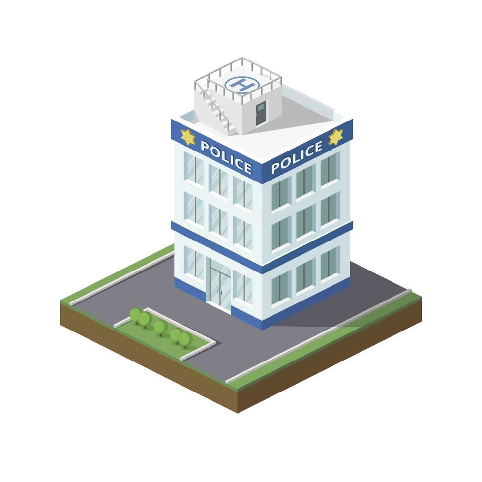 Vector illustration of police station in isometric with flat style. Police station isometric with helipad at roof. Perfect for icon or decorative elements in various media