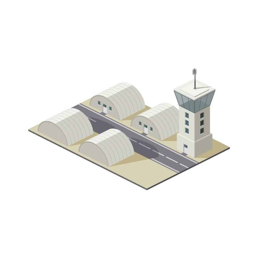 Vector illustration of military base in isometric with flat style. Military base isometric in desert with barracks and tower. Perfect for icon or decorative elements in various media
