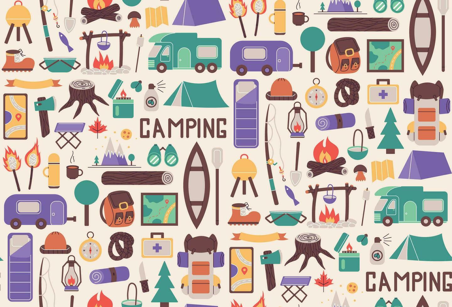 Seamless pattern with things for traveling to the mountains. Fishing and summer camping. Hike with backpacks, rest in the forest. print object stuff design wallpaper. background vector illustration.