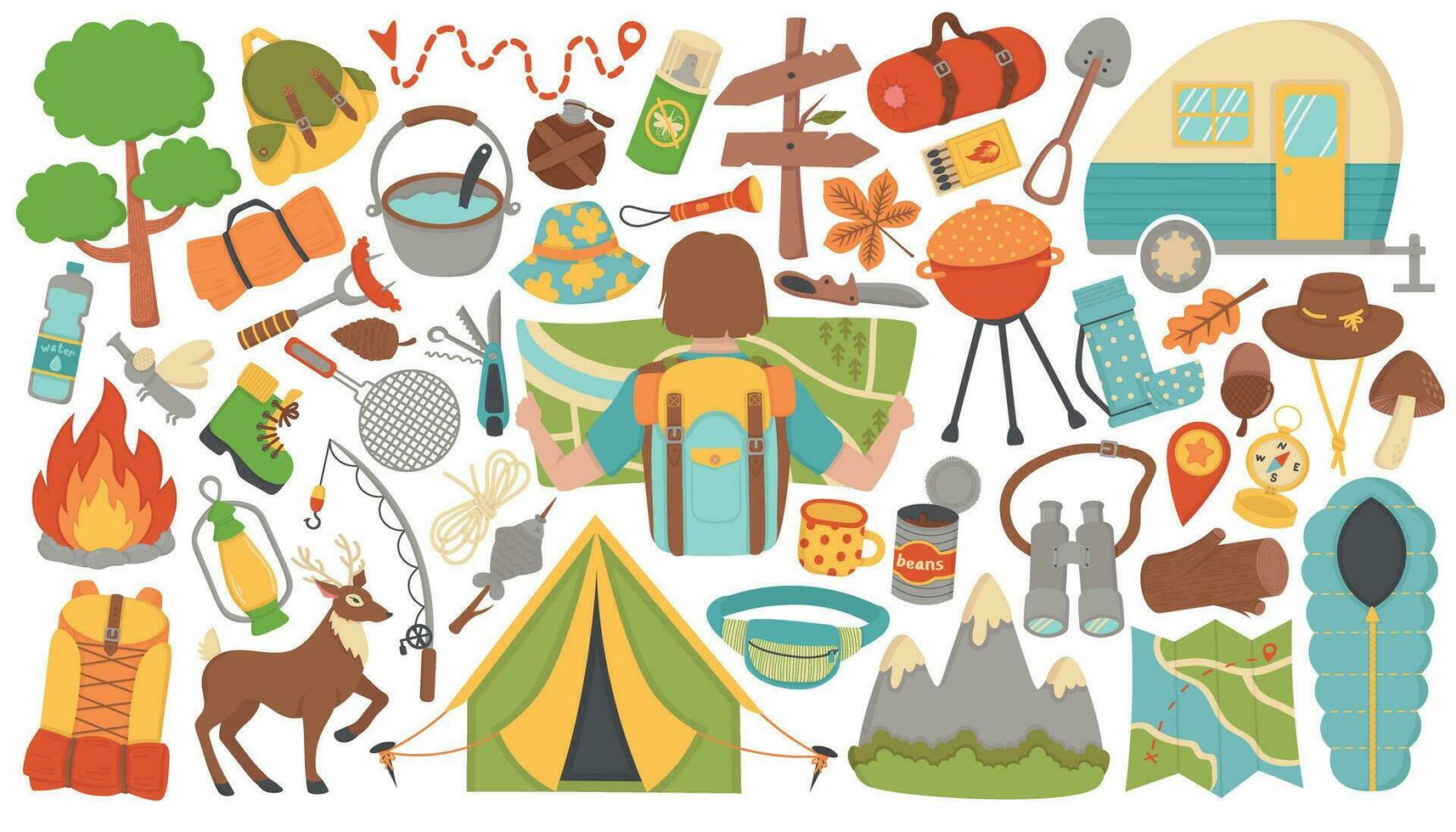 Doodle flat vector clipart. A set of thematic illustrations on the theme of camping, outdoor recreation. All objects are repainted.