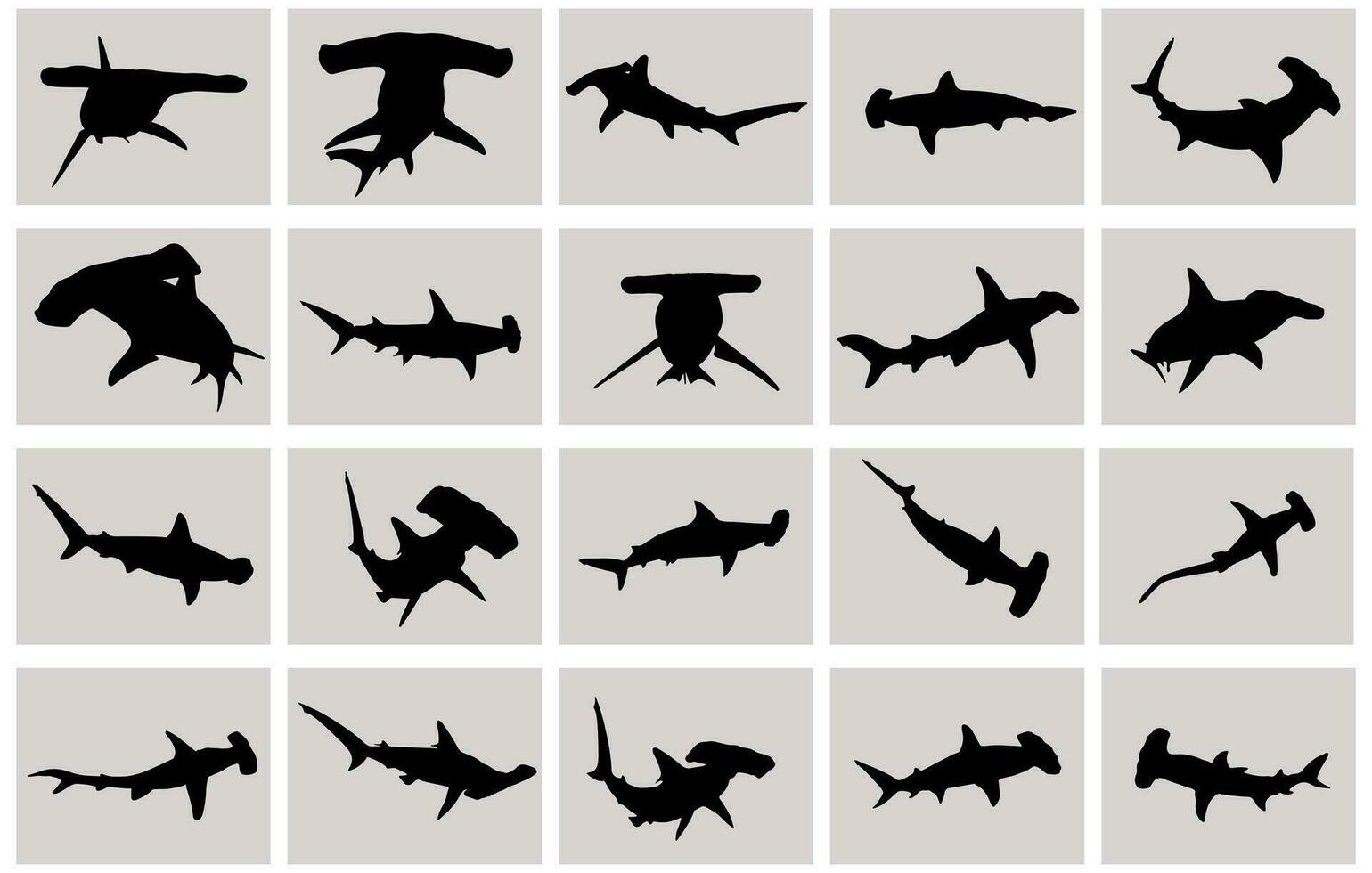 negro silueta conjunto de cabeza de martillo tiburón submarino gigante animal sencillo dibujos animados personaje diseño plano vector