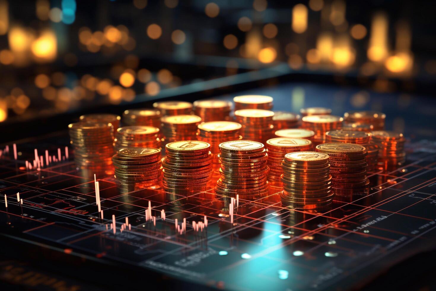 Crypto Currency and Bitcoin concept background Golden coins on table stack coin game style dark background photo