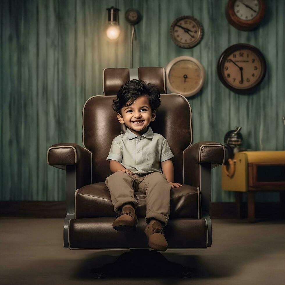 A Photo of Kid sitting in doctor chair, office chair and smiling child. generative ai