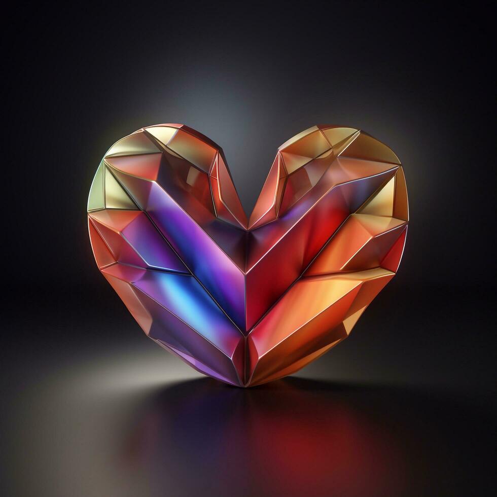 Big low poly heart shape on dark red color background Valentines day concept, hearts outside of heart shape. generative ai photo