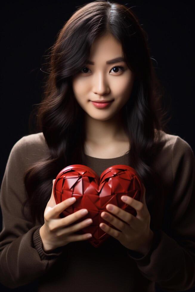 Photo of red Heart in girl hand focus of heart. Valentines day concept. generative ai