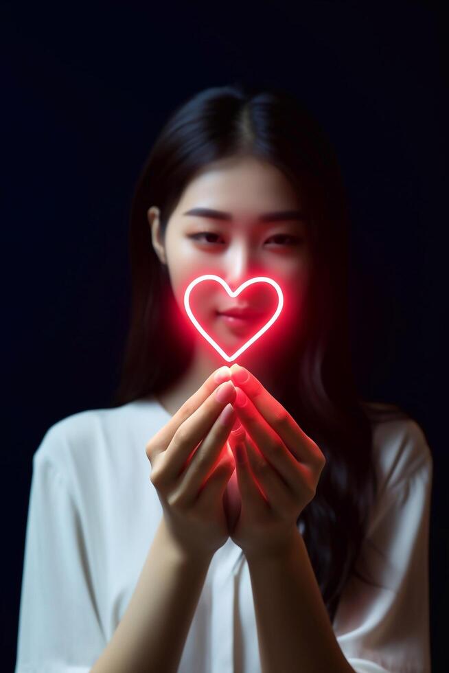 Photo of small red Heart outline red lighting in girl hand focus of heart. Valentines day concept.
