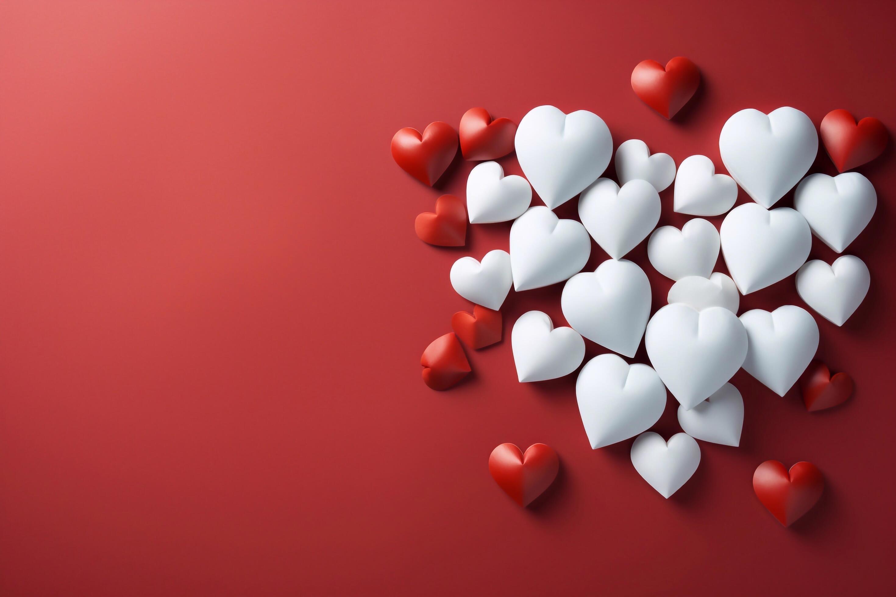 white and red hearts on dark red color background Valentines day