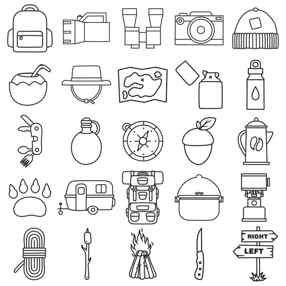 Assorted bundle of camping gear items doodle line art style vector