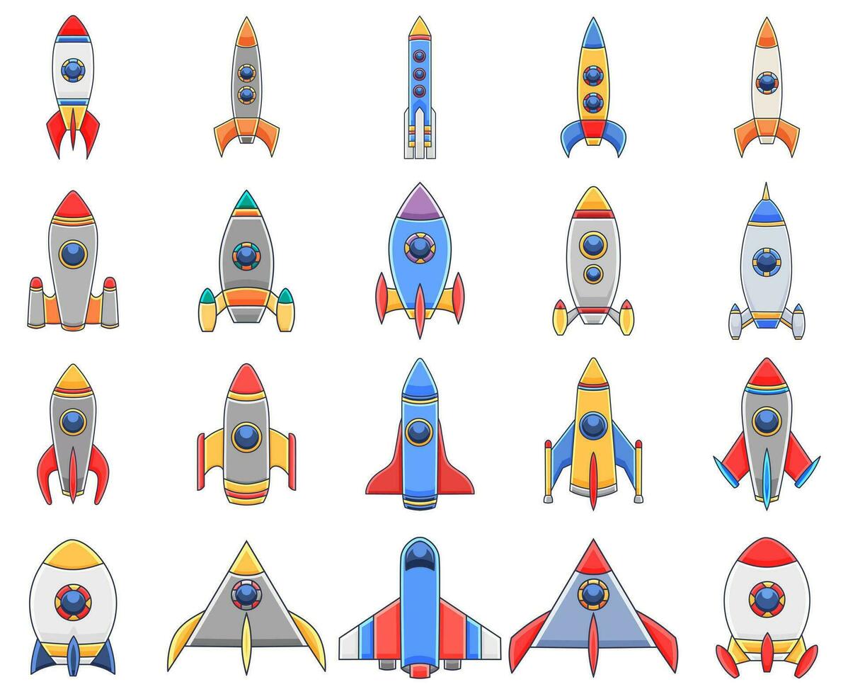 Illustration of various spaceships and rocket, bundle item vector