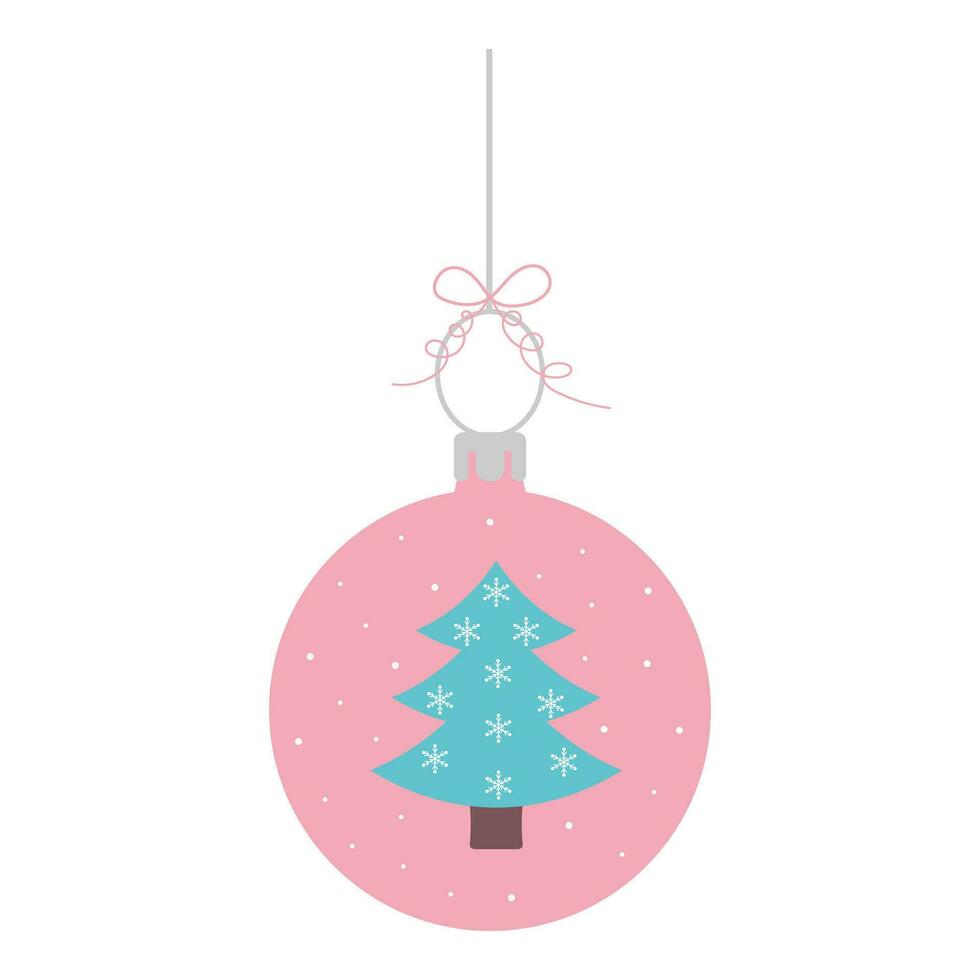 Christmas ball with fir tree, snowflakes and snow. New Year bauble. Cute hanging winter toy with bow. vector