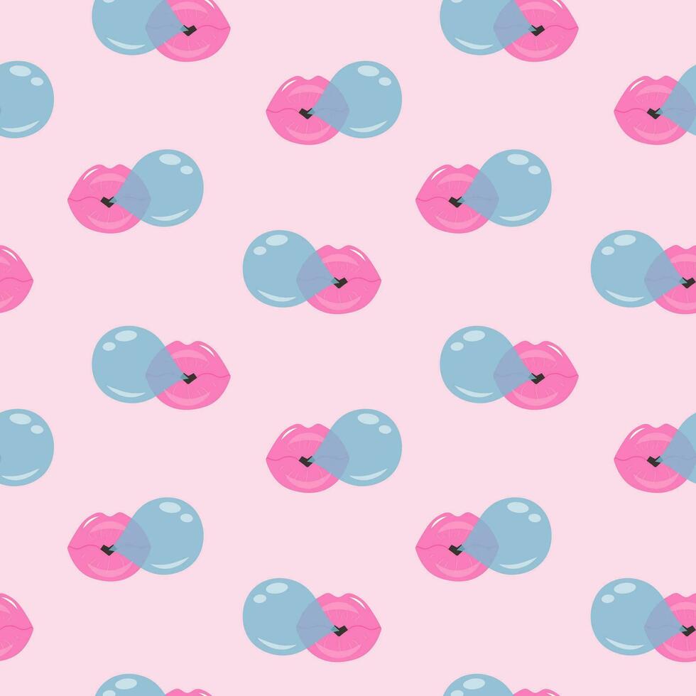 Lips blowing bubble gum seamless pattern on pink pastel background. Cute print. Trendy wrapping paper. vector