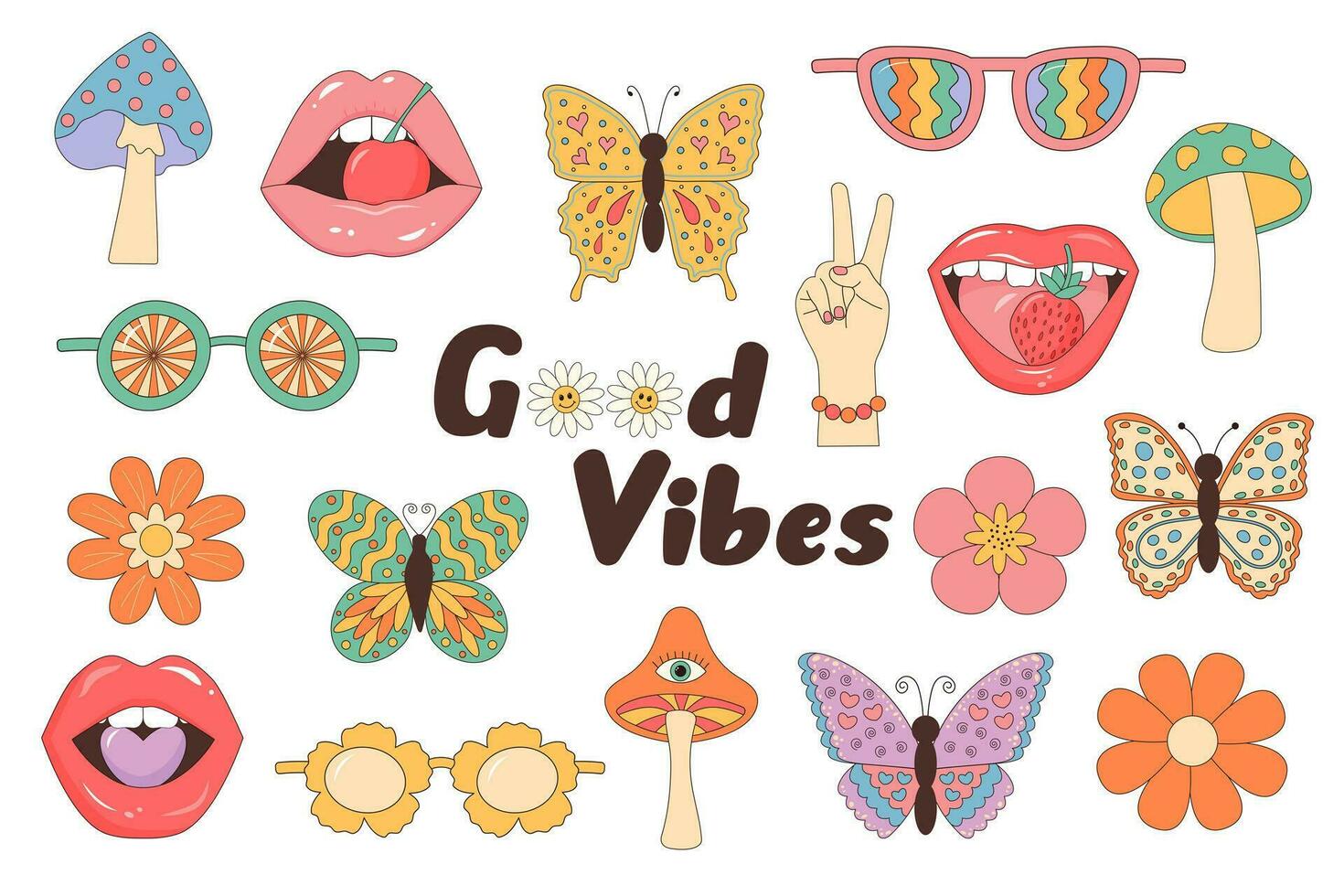 Retro 60s, 70s groovy set. Good vibes. Cute vintage hippie floral elements. Linear color vector illustration.