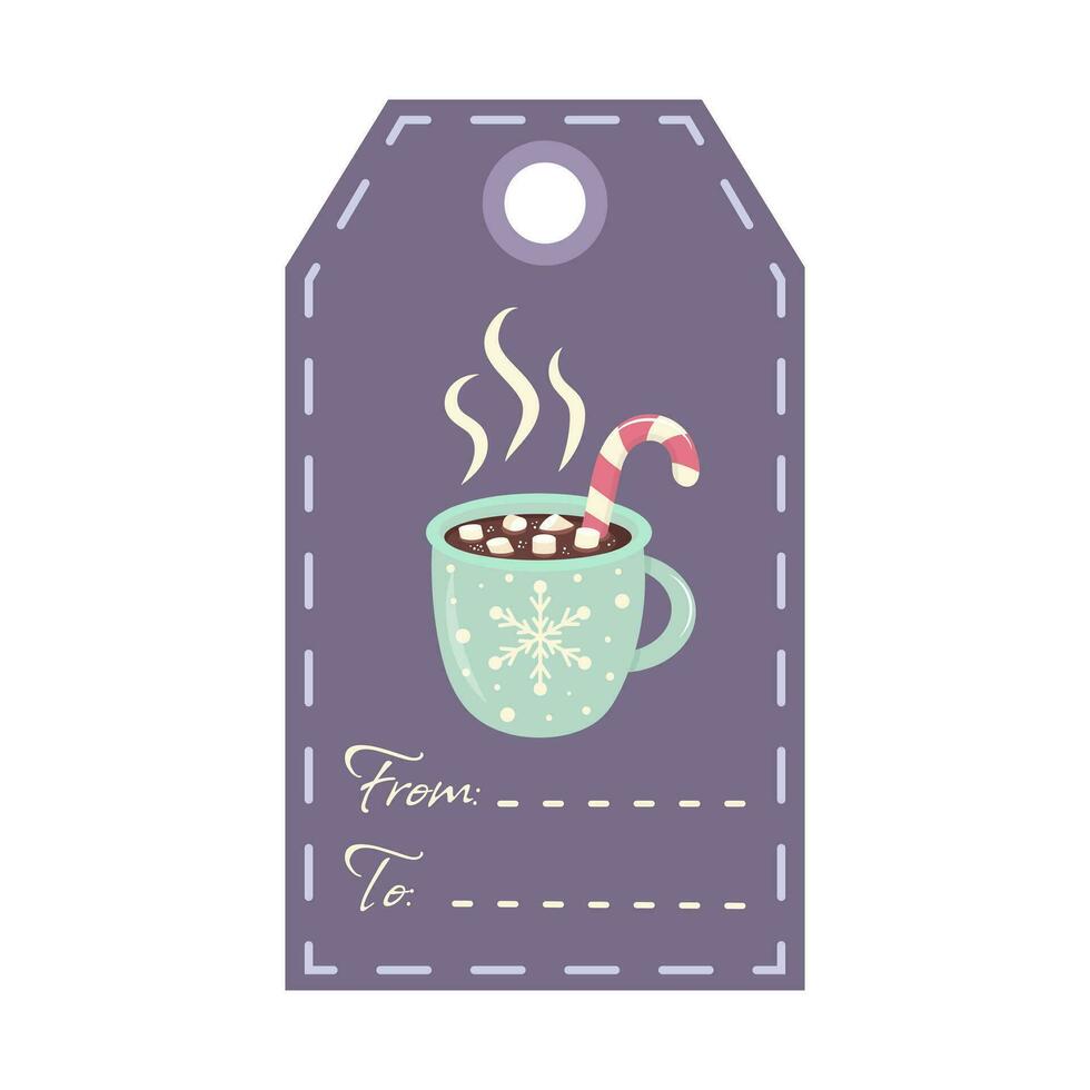 Christmas tag with mug marshmallow and candy cane. Holiday gift label template. vector
