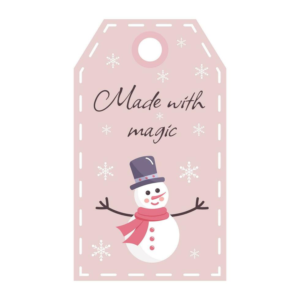 Christmas tag with snowman and snowflakes. Made with magic. Holiday gift label template. vector