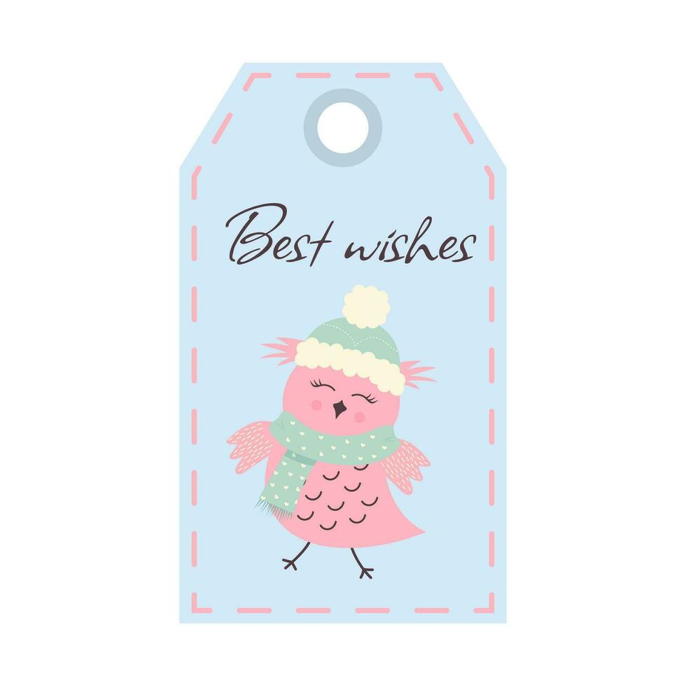 Christmas tag with cute owl in hat and scarf. Best wishes. Holiday gift label template. vector