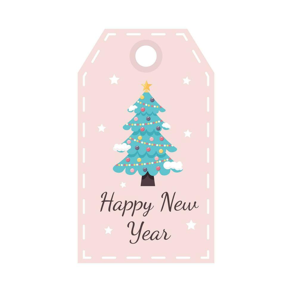 Christmas tag with decorated fir tree. Happy New Year. Holiday gift label template. vector