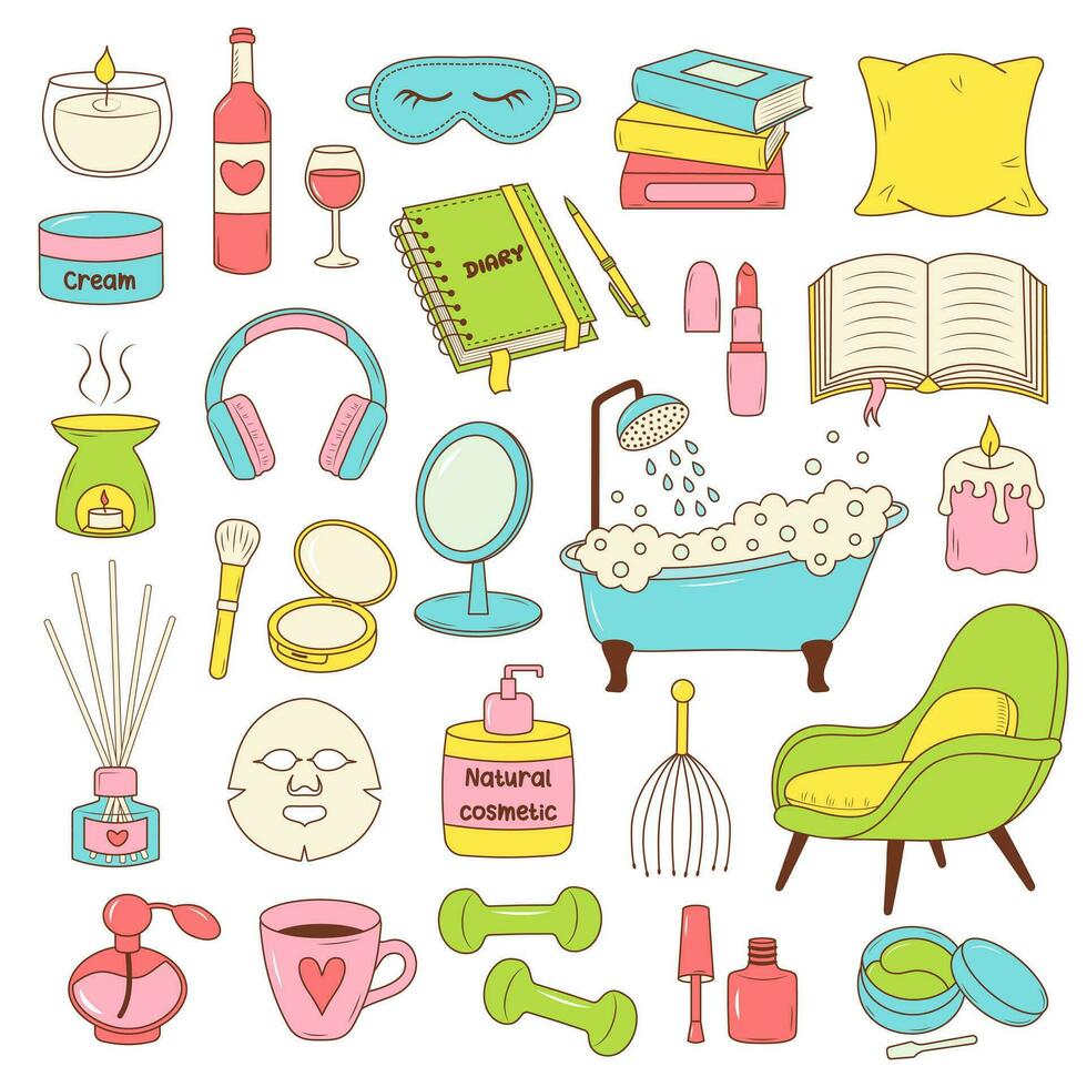 Me Time, relax, self care cartoon doodle set. Color line icons of hygge items. vector