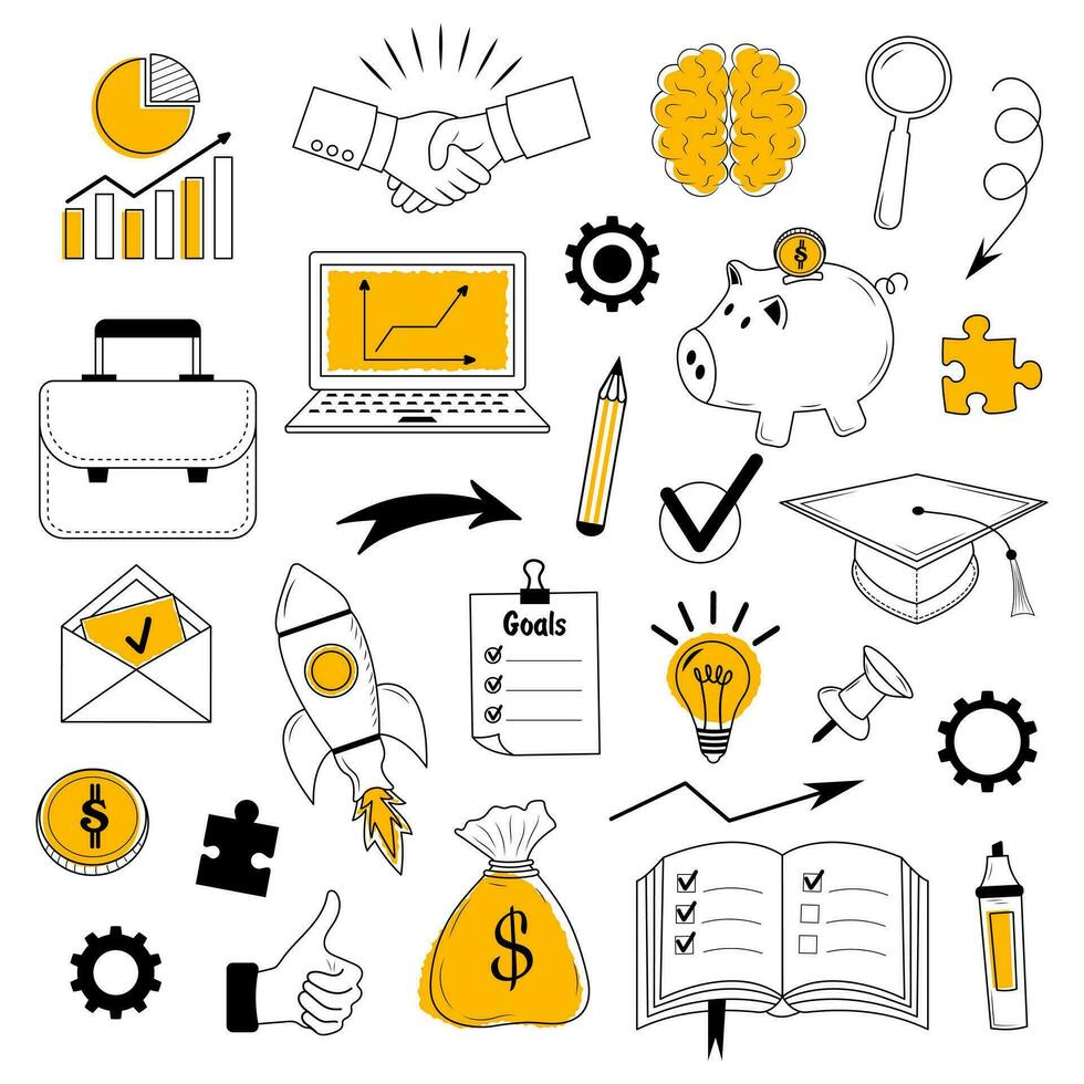 Business doodle set. Hand drawn linear icons. Management, office, success, idea, brainstorm concept. vector