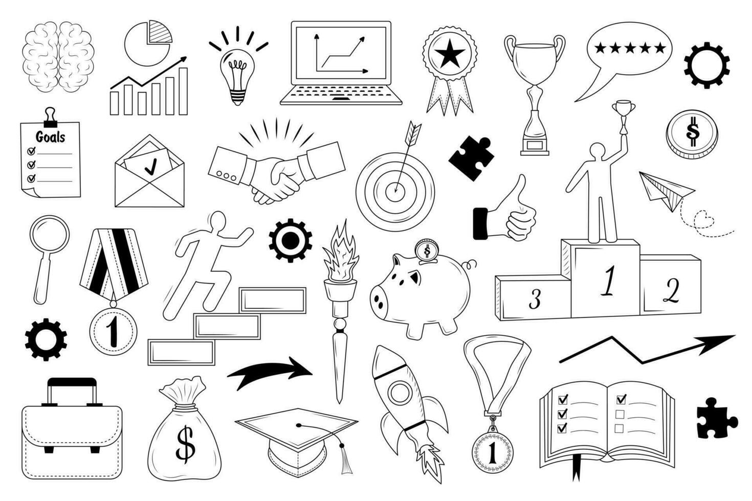 Business success doodle set. Hand drawn linear business icons.  Concept of brain, thinking, business solution, winner, strategy, goals, opportunity, success and idea. vector