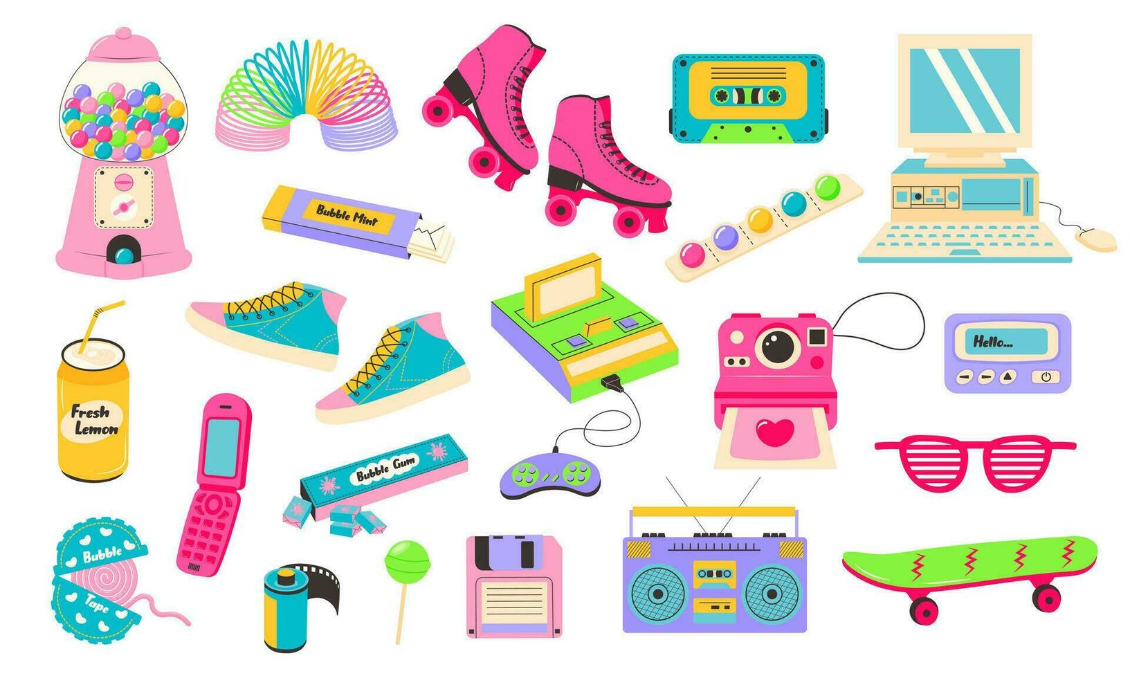 Retro 80s 90s clipart set. Cute y2k glamour fashion patches, badges, emblems, stickers. Modern flat cartoon style. vector