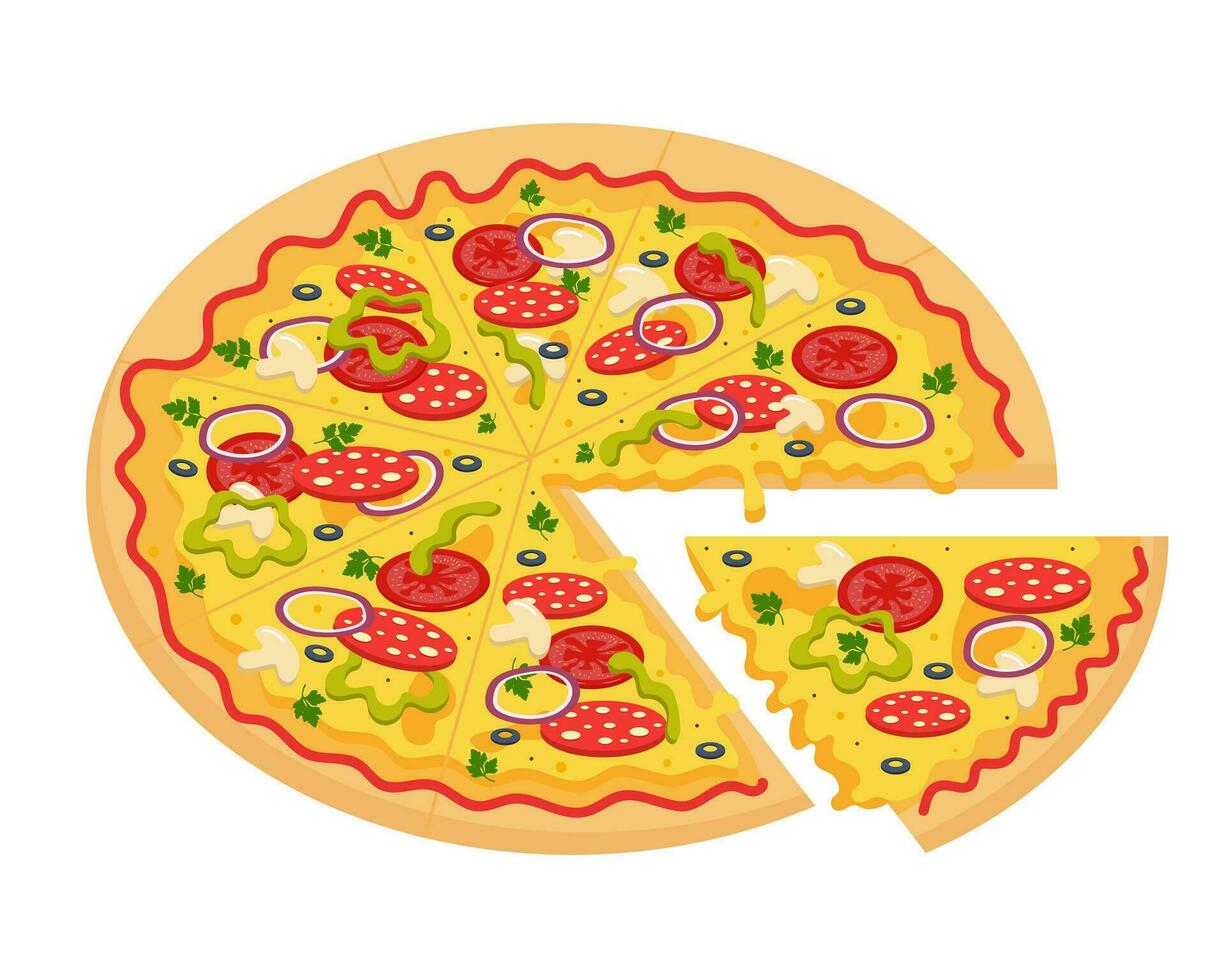 Pizza con tomate, queso, Olivos, pepperoni, cebolla, albahaca, pimienta y hongos. tradicional italiano rápido alimento. todo redondo Pizza con cortar apagado rebanada. vector