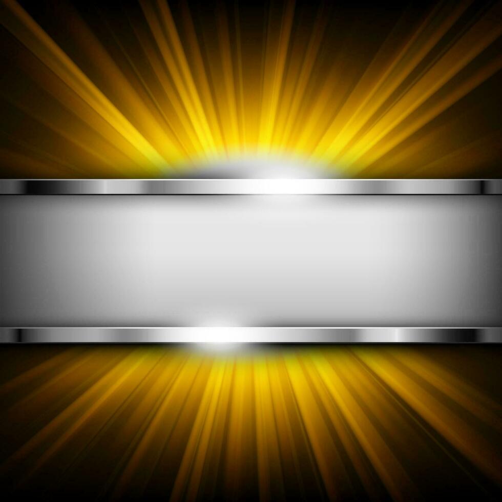 metálico cromo bandera con texto espacio en oro ligero iluminado, vector ilustración