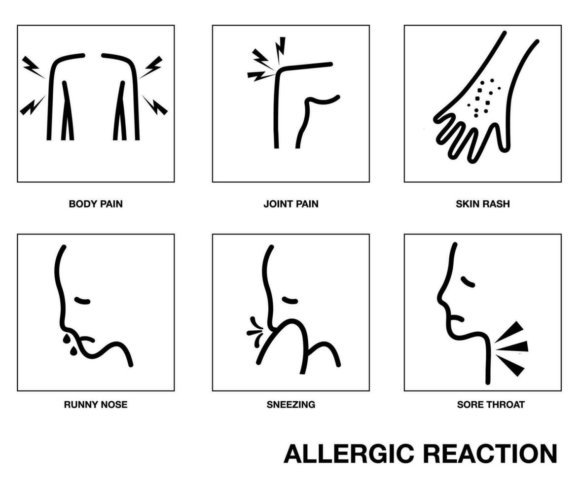 alérgico reacción y fármaco lado efectos que produce picor piel , piel erupción, articulación dolor, cuerpo dolor, estornudos, líquido nariz, nasal congestión, dolorido garganta, oído dolor tos, icono vector