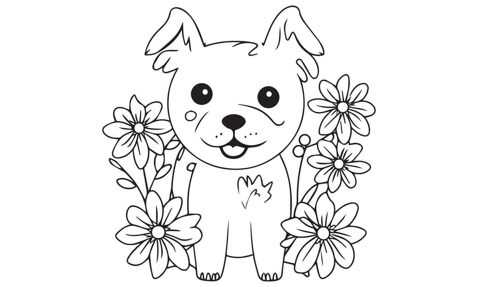 Cute Dog with flower Line art coloring page vector. vector