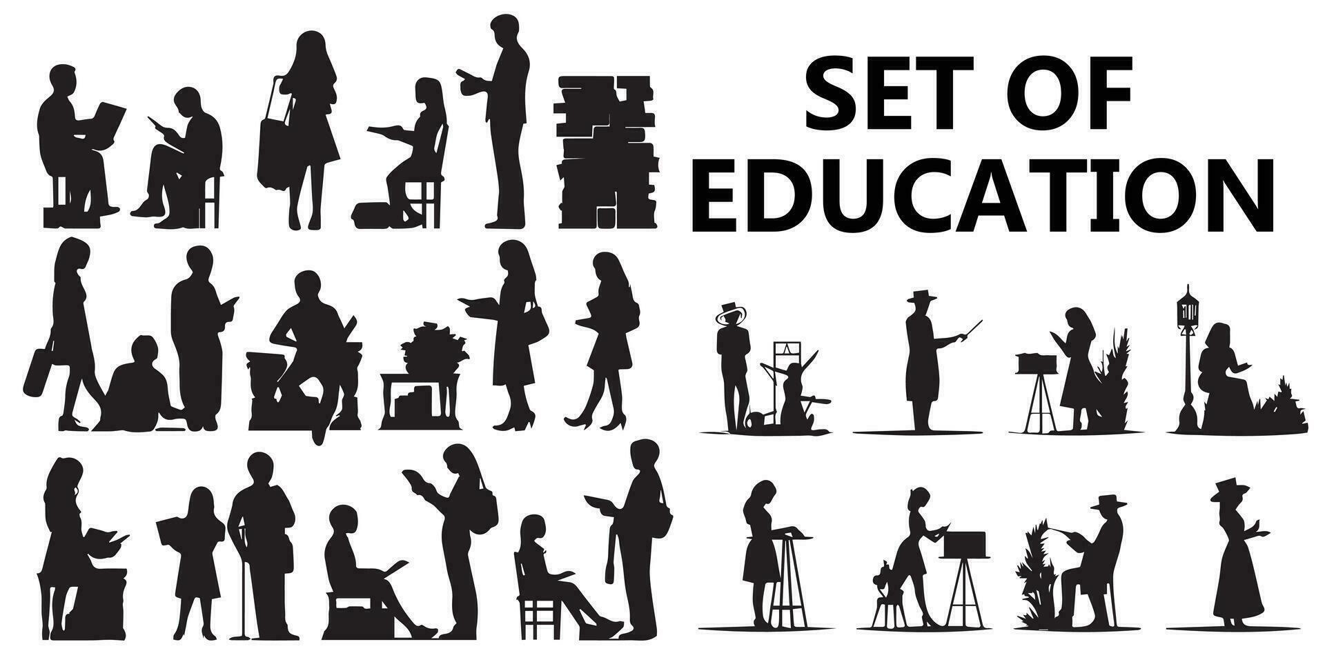 A set of education elements and students silhouette vector