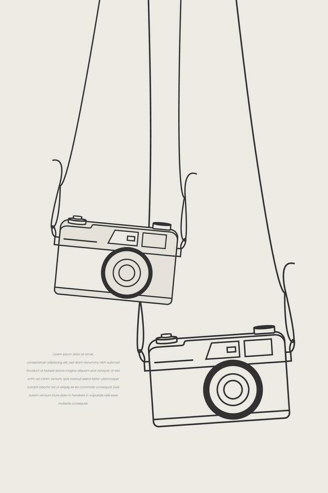 Aesthetic line art illustration, two camera pairs with hanging ropes on white background. vector