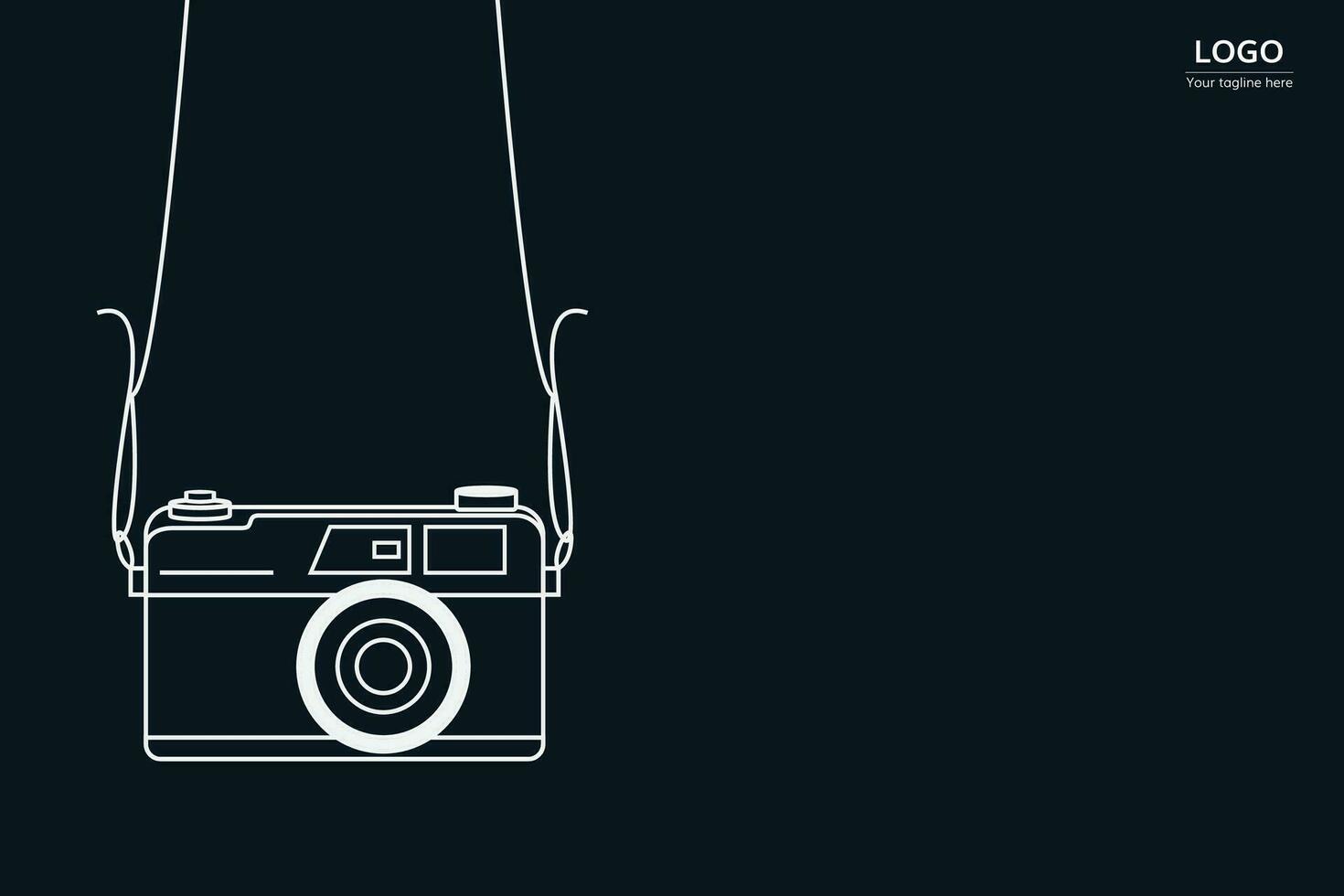 Line art illustration of a digital camera with a hanging rope on a blue background. vector