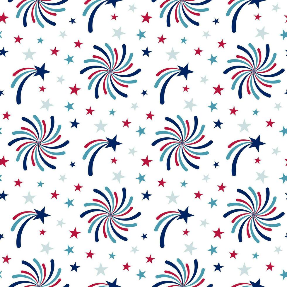 Seamless pattern of hand drawn 4th of July stars and fireworks on isolated background. Design for Independence Day, 4th of July, freedom celebration. Patriotic and memorial decoration. vector