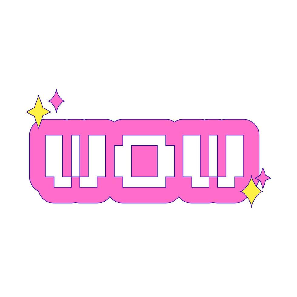 Y2k sticker. The word WOW. Retro pixel font. Sticker with pink outline and bling elements. Nostalgia for the 2000s. Simple text vector illustration isolated on a white background