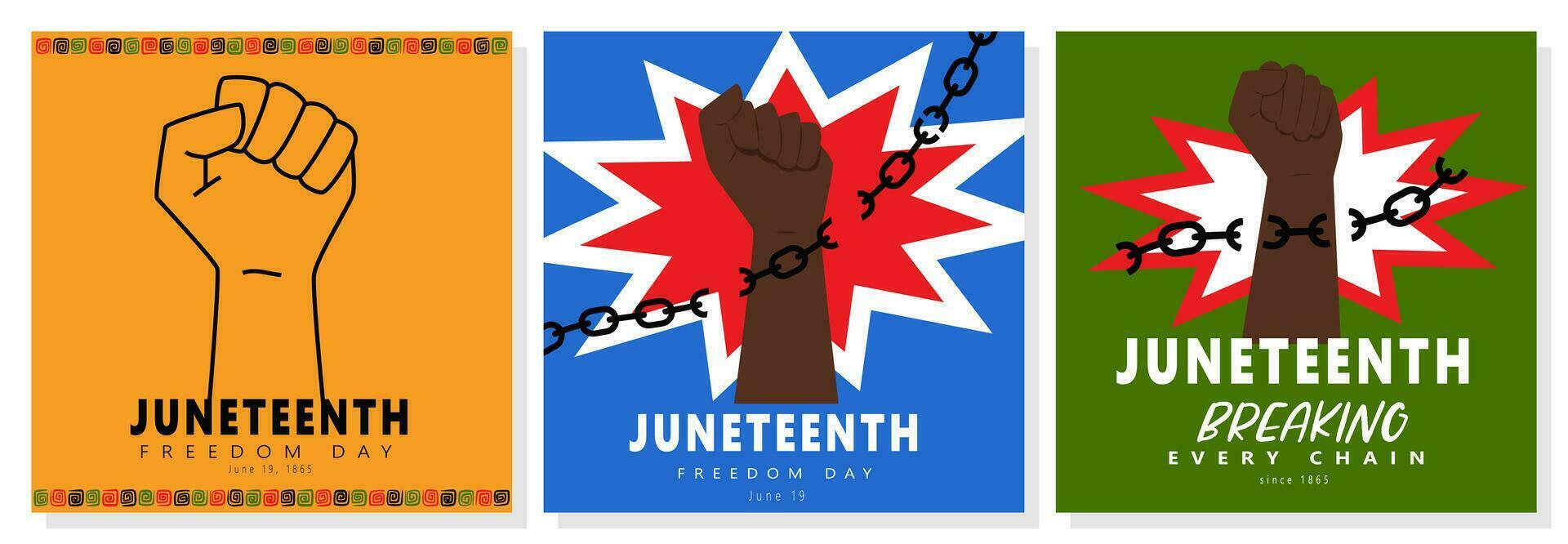 Set of greeting cards for Juneteenth.Celebrate freedom. Clenched fists breaking chains. Black History Month. African American Independence Day. Vector illustrations