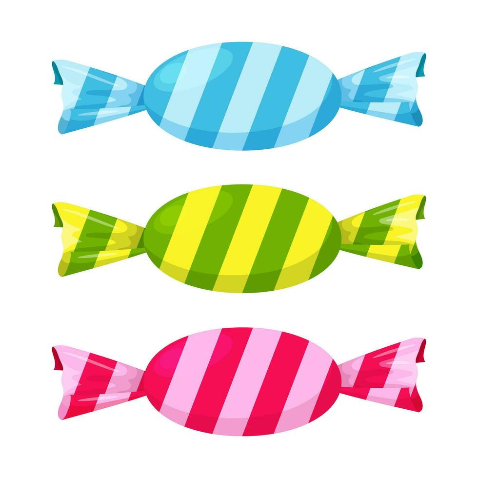 Candy, caramel in a paper striped wrapper. Sweet, unhealthy, bad for the teeth food. Dessert, snack, children's food. Illustration in cartoon flat style. Isolated on a white background. vector