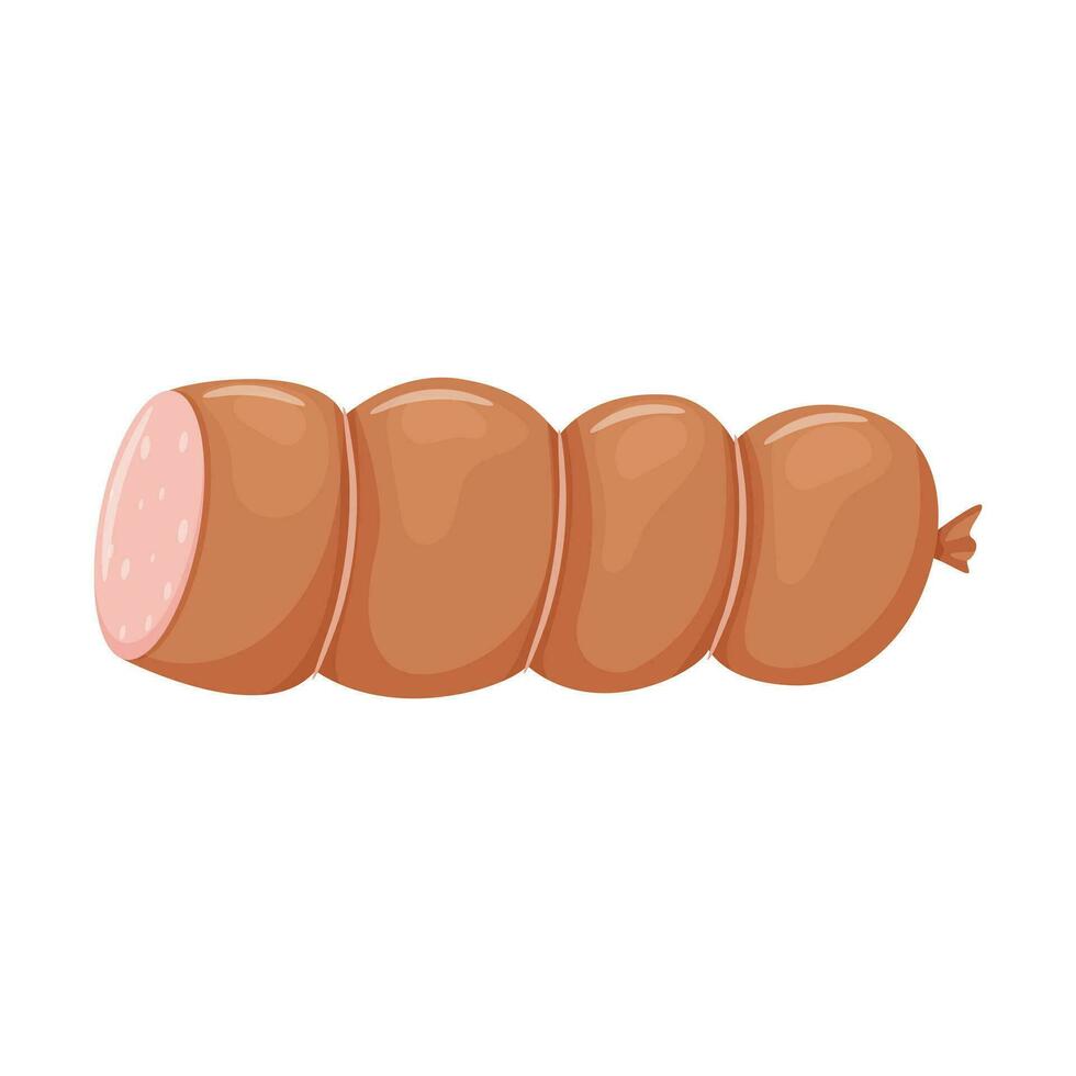 Sliced pink boiled sausage with chunks of fat. Ham. Meat product, Food ingredient. Ready-made food. Flat cartoon vector illustration isolated on a white background.