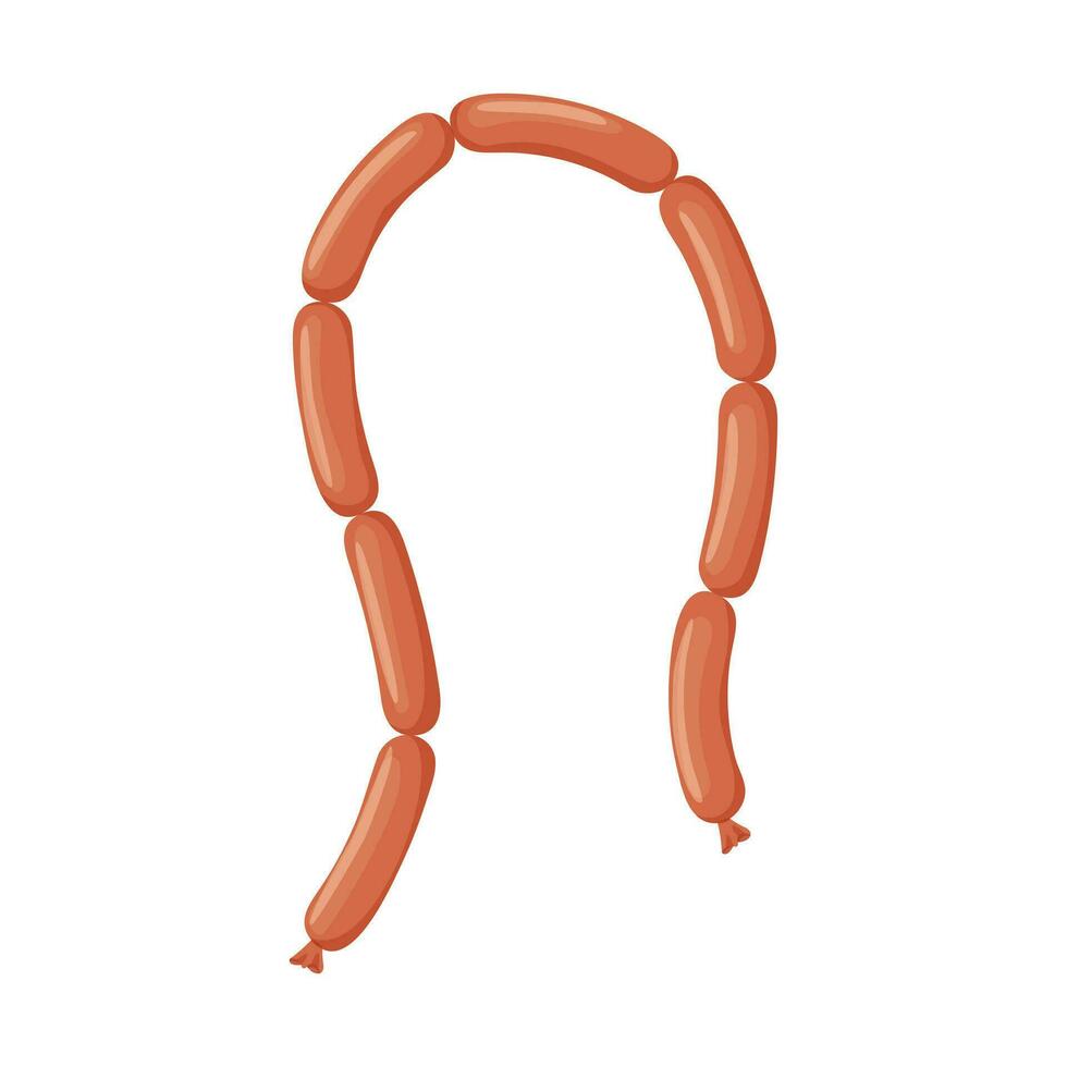 Sausages tied together. A bunch of boiled sausages. A food ingredient. Ready-made food. Flat cartoon vector illustration isolated on a white background.