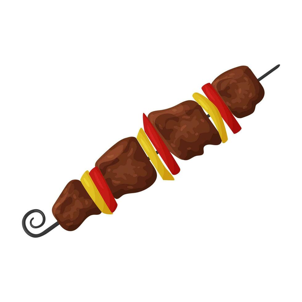 Shish Kebab on a skewer. Cooked roast pork meat with vegetables. Caucasian cuisine. Ready-made food. Flat cartoon vector illustration isolated on a white background.