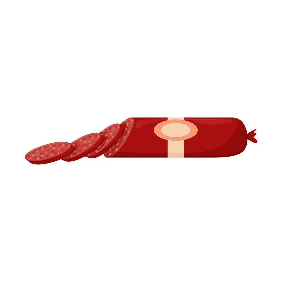 rojo ahumado embutido. salchicha rebanar alimento, confeccionado carne plato. plano estilo. color vector ilustración aislado en un blanco antecedentes