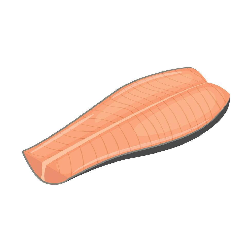 A piece of red fish in a longitudinal section. Fillet of pink salmon or salmon. Raw meat of sea fish, a food ingredient. Peeled fish. Flat cartoon vector illustration isolated on a white background.