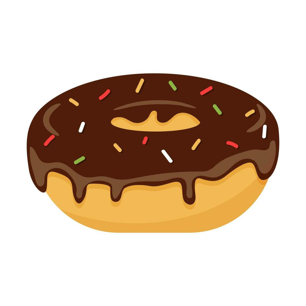 Donut with chocolate icing and decorative sprinkles. Sweet, fatty, high-calorie, unhealthy food, dessert, treat. Color vector illustration in cartoon flat style. Isolated on a white background