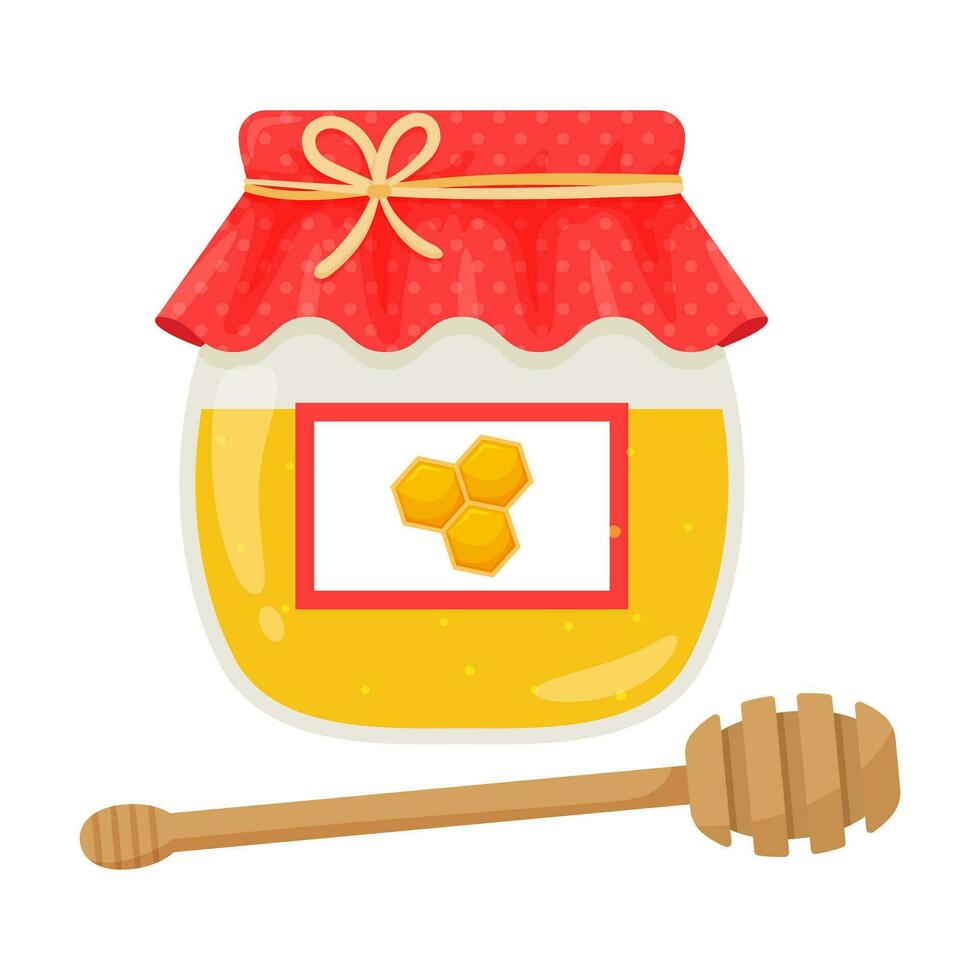 un vaso tarro de miel y un miel cuchara. dulce alimento, golosinas, abeja productos el panal en el etiqueta. color vector ilustración en dibujos animados plano estilo. aislado en un blanco antecedentes.